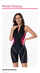 Dettaglio costume da bagno sportivo intero da donna con zip frontale e inserti colorati