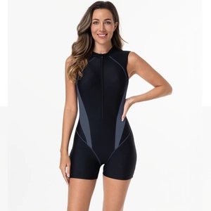 Front view of sleeveless surfing swimsuit featuring black and grey panels and a zipper