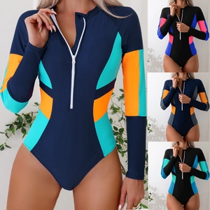 Women's One Piece Long Sleeve Rash Guard Swimsuit Color Block Front Zipper Surf Suit Sun Protection Bathing Suit For Surfing Swimming Diving