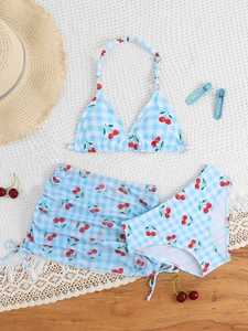 Three-piece girls' cherry gingham bikini set including top, bottom and drawstring skirt