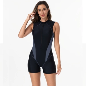 Women's sleeveless one-piece wetsuit in black with grey side panels and front zipper