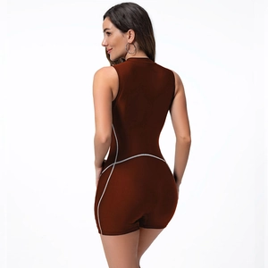 Detailed back view of brown athletic bodysuit with white contrast piping and high elasticity