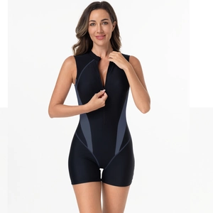 Detail of a black and grey sleeveless one-piece swimsuit with a front zipper for surfing