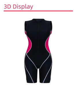 Dettaglio del costume da bagno sportivo intero nero con inserti laterali fucsia