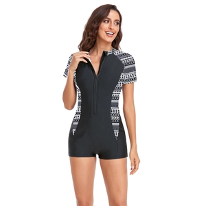 Detail of short-sleeved surf swimsuit with front zipper and geometric print panels