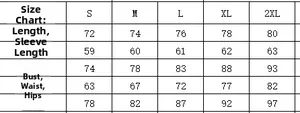 Detailed size chart for women's long sleeve surf swimsuit with S-2XL measurement guide