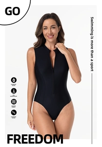 Detail of black one-piece swimsuit featuring a stand-up collar and front zipper design