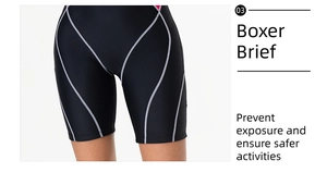Dettaglio del costume sportivo nero con cuciture a contrasto e taglio a boxer protettivo