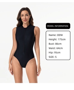 Close-up of black one-piece swimsuit featuring front zipper and sleek high-neck design