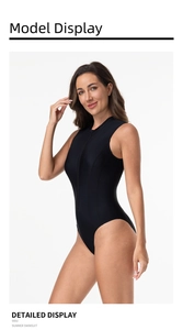 Front view of black one-piece swimsuit featuring a stand collar and front zipper closure