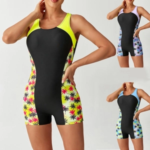 Women Athletic One Piece Swimsuit Boyleg Splicing Palm Tree Print Racerback Open Back Bathing Suit Beachwear