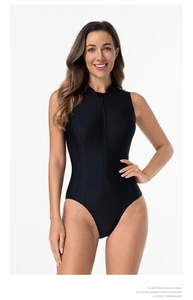 Front zipper detail on black one-piece swimsuit for surfing and athletic water sports