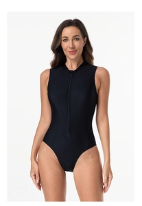 Close-up of black one-piece swimsuit featuring a stand collar and front zipper closure