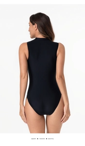 Rear view of sleek black one-piece sleeveless high-neck surfing swimsuit on white background