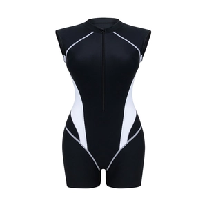 Women's black and white sleeveless surfing swimsuit with front zipper and slim fit panels