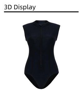Detailed front view of black one-piece swimsuit with mock neck and front zipper closure