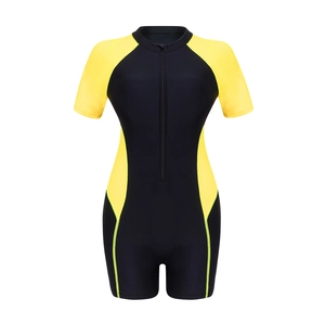 Women short sleeve color-block surfing swimsuit with front zipper in black and yellow