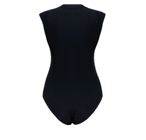 Rear view of black one-piece sleeveless bodysuit with a professional slim fit and clean stitching