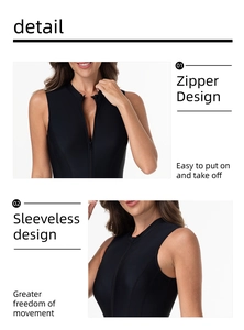 Detail view of the functional front zipper closure and sleeveless cut on the black swimsuit
