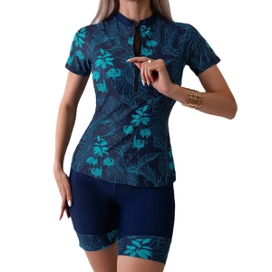 Maillot de bain de surf deux pièces pour femmes avec zip et imprimé palmier tropical