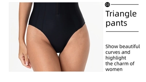 Detail view of high-cut black triangle swimsuit bottom with slim fit zipper design