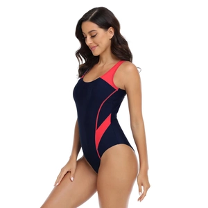 Front view of sporty one-piece swimsuit in navy blue and red color-block design