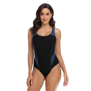 Close-up of sporty one-piece swimsuit with black and navy blue slimming patchwork design