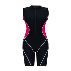 Costume da bagno sportivo senza maniche con zip frontale e pannelli rosa
