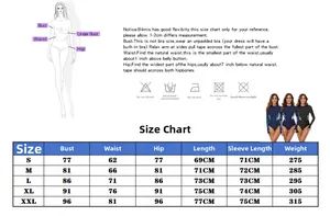 Detailed size guide table for long sleeve surfing swimsuit with measurements from S to XXL