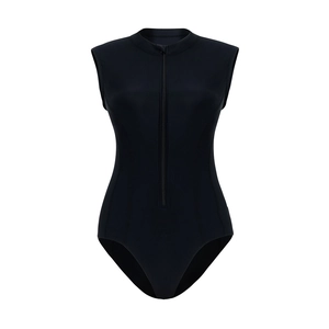 Women's black one-piece swimsuit with front zipper and sleeveless athletic slim design