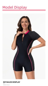 Détail d'un maillot de bain une pièce de surf avec zip frontal et rayures roses