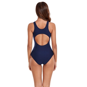Back view of a one-piece sporty navy swimsuit featuring a large circular cutout design