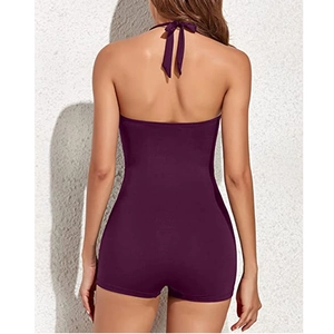 Back view of deep purple one-piece halter swimsuit featuring backless design and boyleg cut