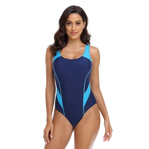 Close-up of sporty one-piece swimsuit featuring contrast geometric blue splicing and round neck