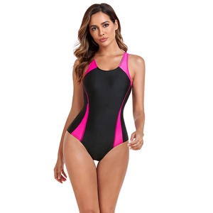 Detail of color-block athletic one-piece swimsuit with slimming pink side panels