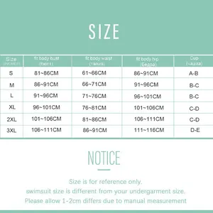 Detailed size chart for women's one-piece swimwear ranging from S to 3XL with measurements