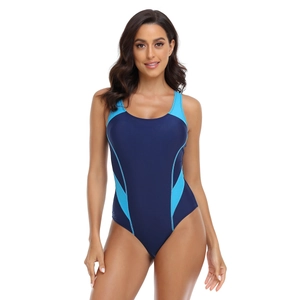 Close-up of sporty one-piece swimsuit featuring blue side panels and ergonomic seams