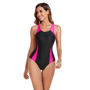 Detail view of athletic one-piece swimsuit with vibrant pink side stripe panels