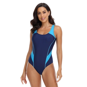 Detail of navy blue athletic swimsuit featuring sky blue side stripes and racerback design