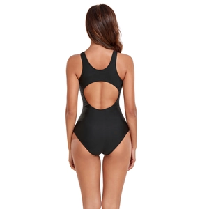 Detailed back view of women's black one-piece athletic swimsuit with racerback cutout