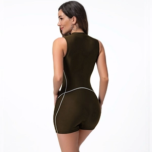 Detail of dark olive green one-piece swimsuit featuring side white piping and stand collar