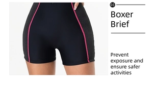 Détail du short de bain boxer noir avec panneaux roses et coupe sécurisée protectrice