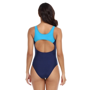 Detail of navy and sky blue one-piece swimsuit featuring a large circular open back design