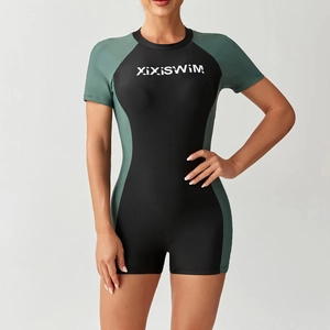 Women's one-piece short sleeve surfing swimsuit with color block and front logo