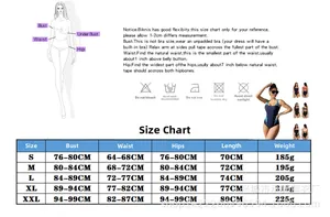 Size chart for athletic one-piece swimsuit including measurements from size S to XXL