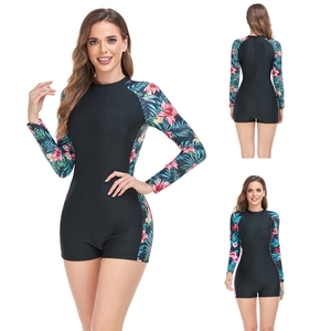 Damen Langarm Einteiliger Badeanzug Schwimmshirt Rückenreißverschluss Blumendruck Tropisch Panty Surfen Badebekleidung Sonnenschutz