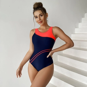 Close-up of sporty one-piece swimsuit with blue and orange color block design