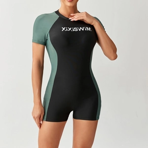 Women's one-piece long sleeve surfing swimsuit in black and dark green color block