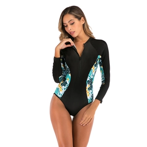 Women's long sleeve one piece swimsuit with tropical floral print and front zipper