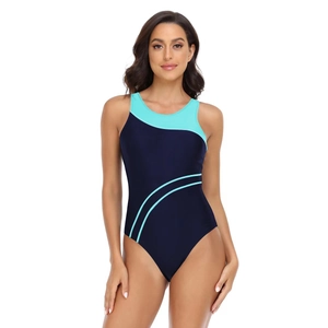 Women's athletic one-piece swimsuit in navy and light blue color-block design